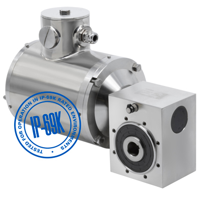 Bodine Electric, 9005, 35 Rpm, 638.0000 lb-in, 1/2 hp, 460 ac, 56R1-50JW/H Series 3-Phase AC Inverter Duty Stainless Steel IP-69K Right Angle Hollow Shaft Gearmotor